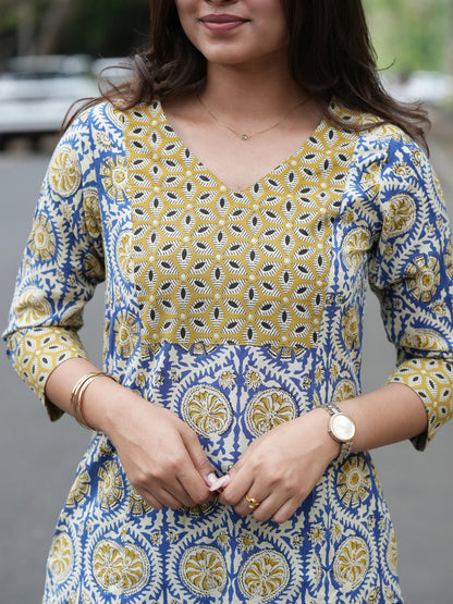 Golden Blue Block Printed Aline COTTON Kurta