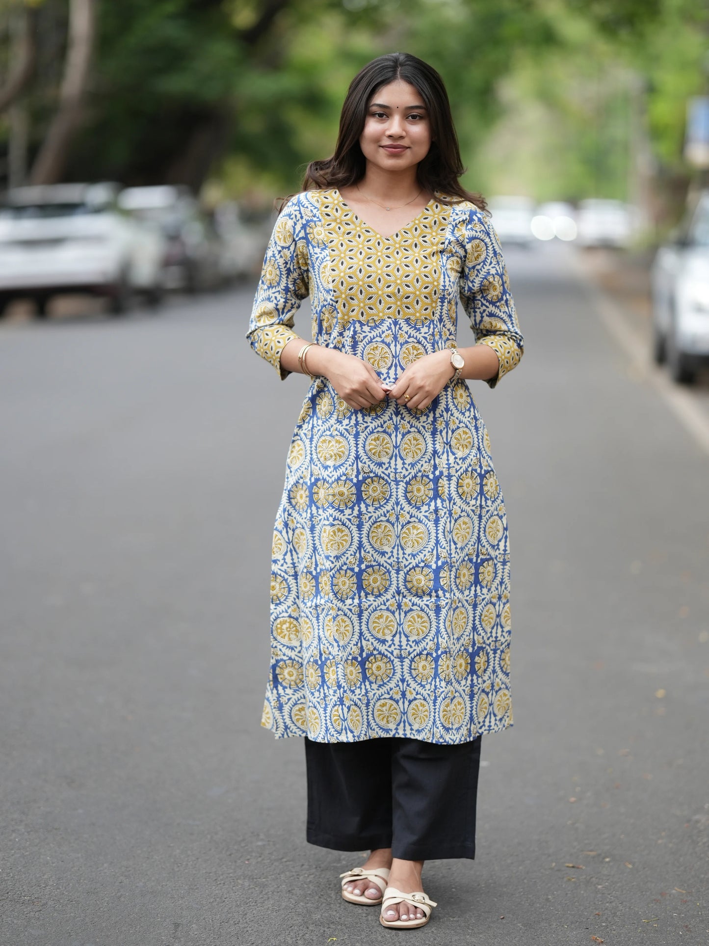 Golden Blue Block Printed Aline COTTON Kurta