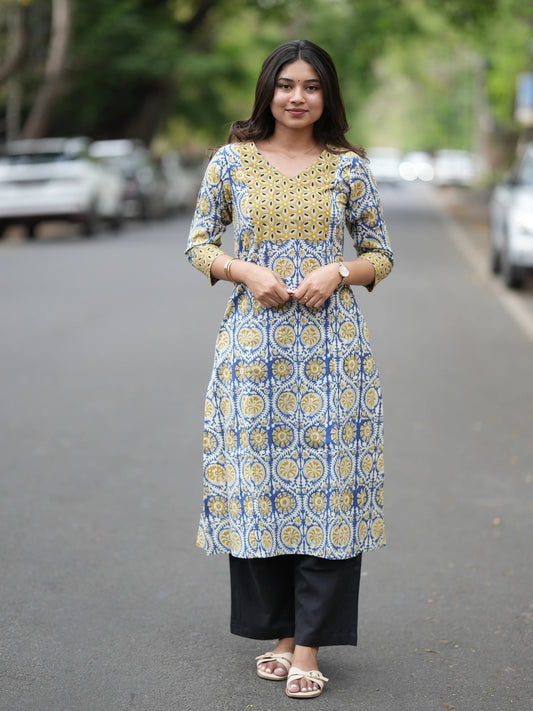 Golden Blue Block Printed Aline COTTON Kurta