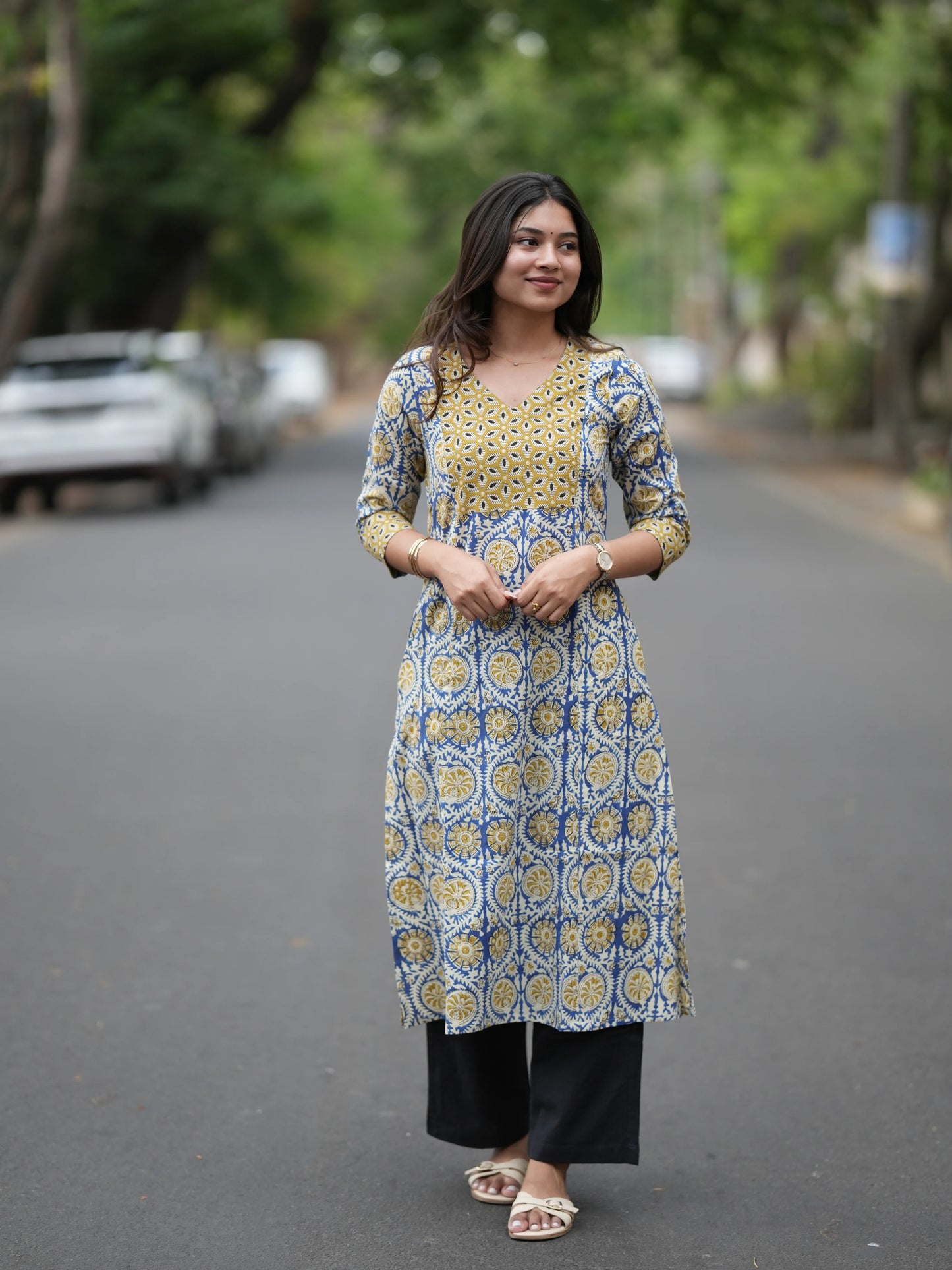Golden Blue Block Printed Aline COTTON Kurta