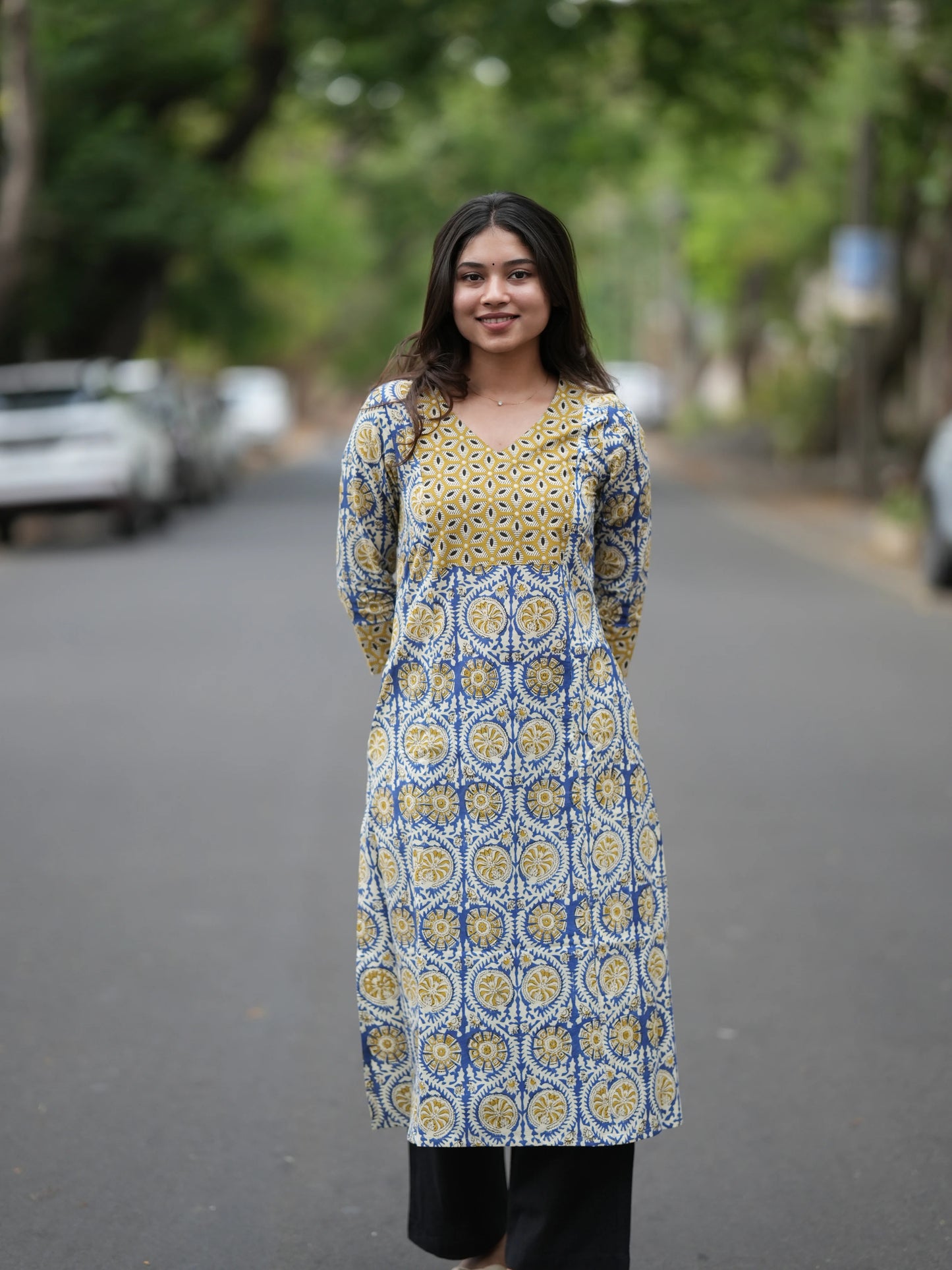 Golden Blue Block Printed Aline COTTON Kurta