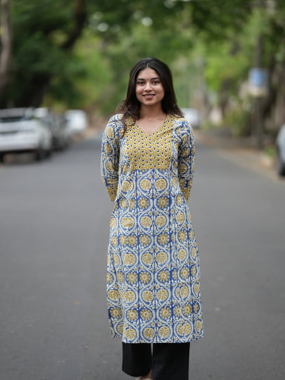 Golden Blue Block Printed Aline COTTON Kurta