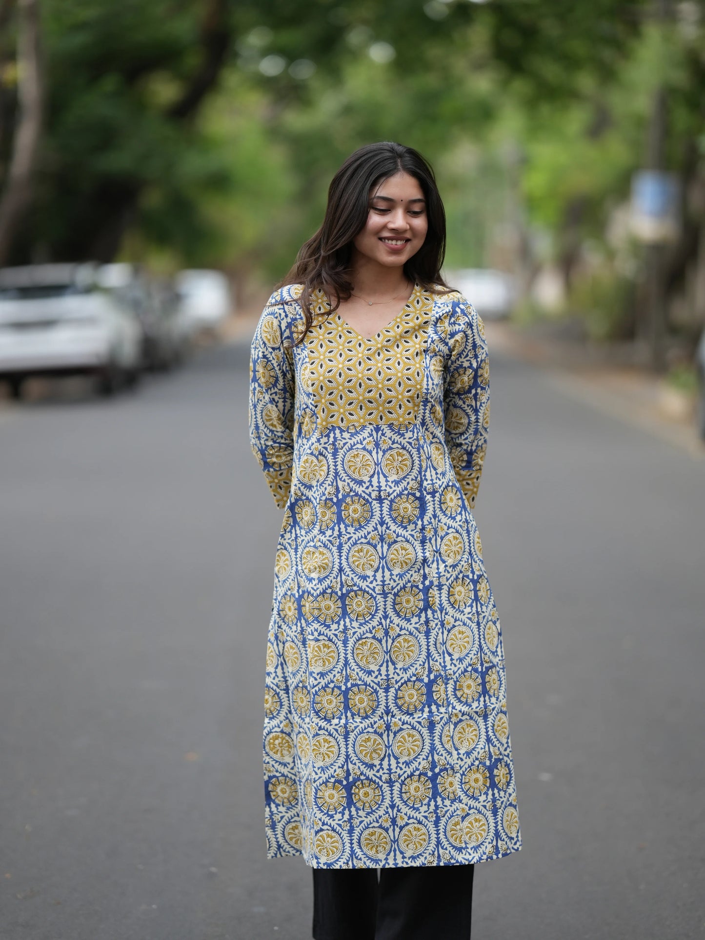 Golden Blue Block Printed Aline COTTON Kurta