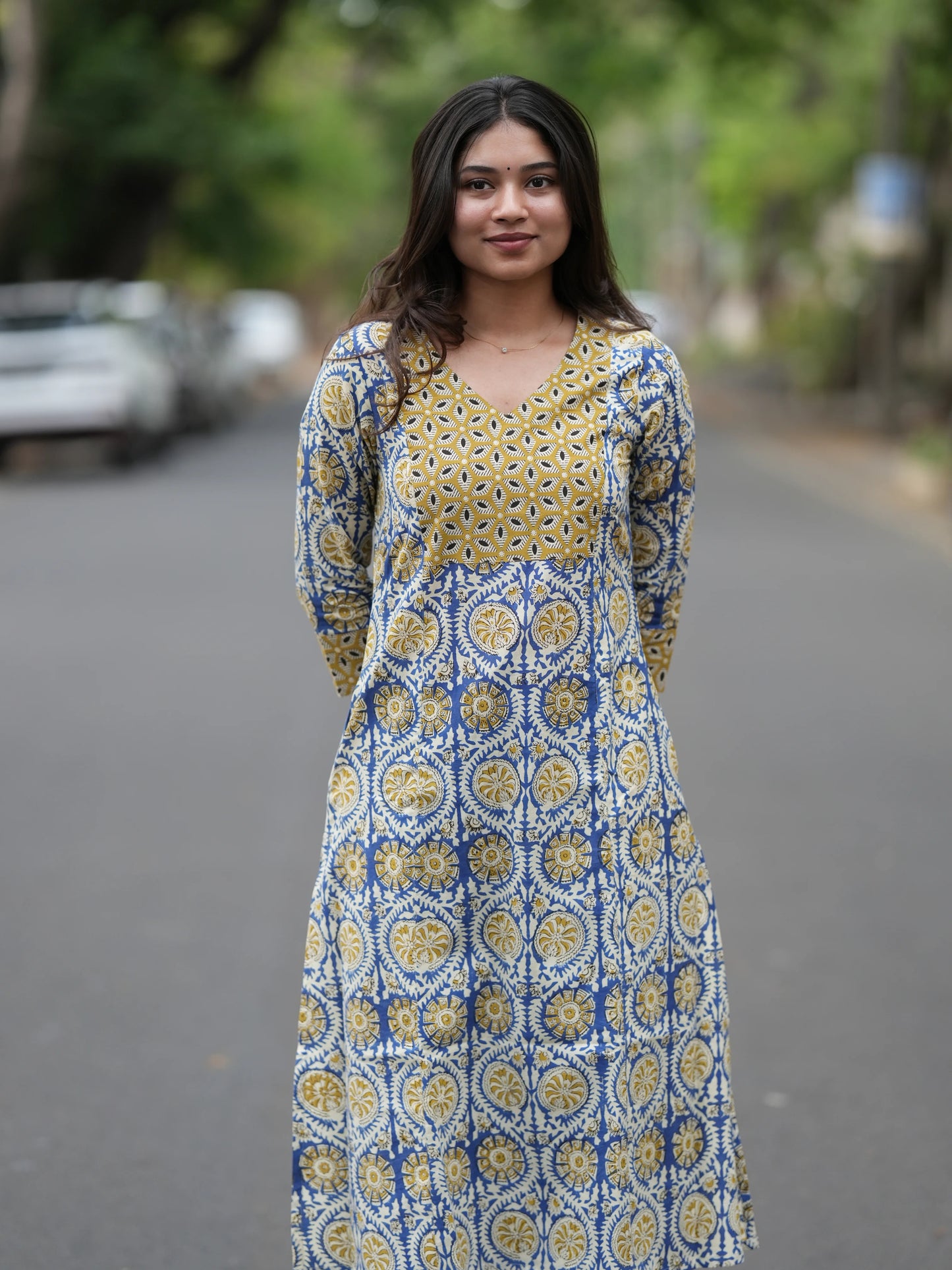 Golden Blue Block Printed Aline COTTON Kurta