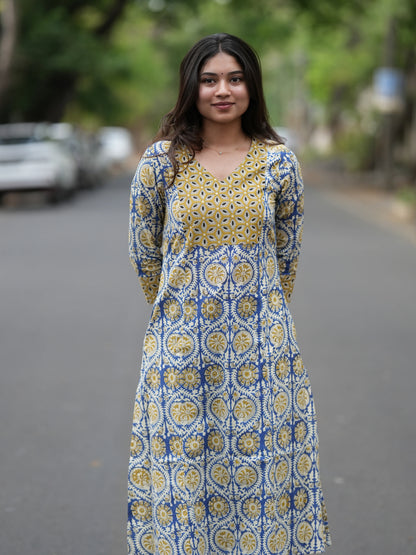 Golden Blue Block Printed Aline COTTON Kurta