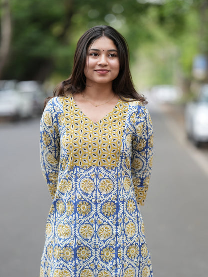 Golden Blue Block Printed Aline COTTON Kurta