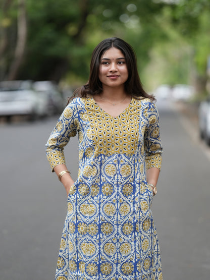 Golden Blue Block Printed Aline COTTON Kurta