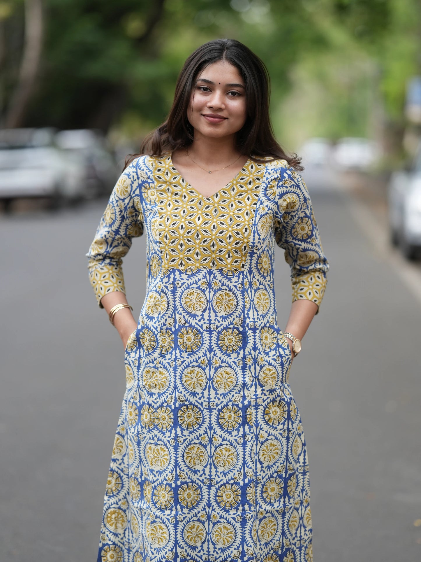Golden Blue Block Printed Aline COTTON Kurta