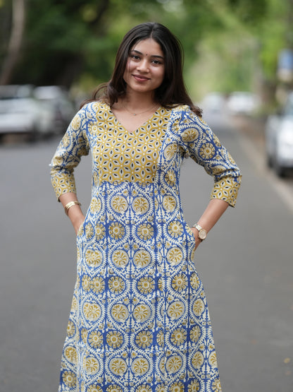 Golden Blue Block Printed Aline COTTON Kurta