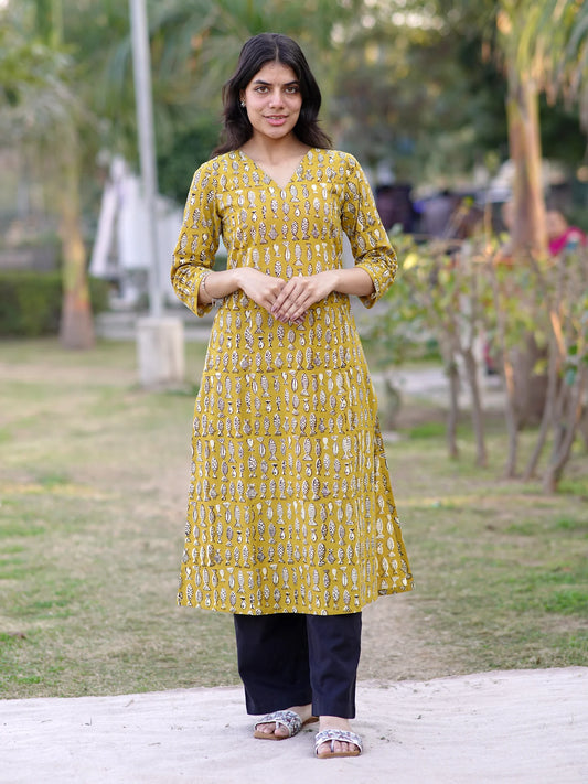 Golden Fish Symphony Block Printed A-Line Kurta