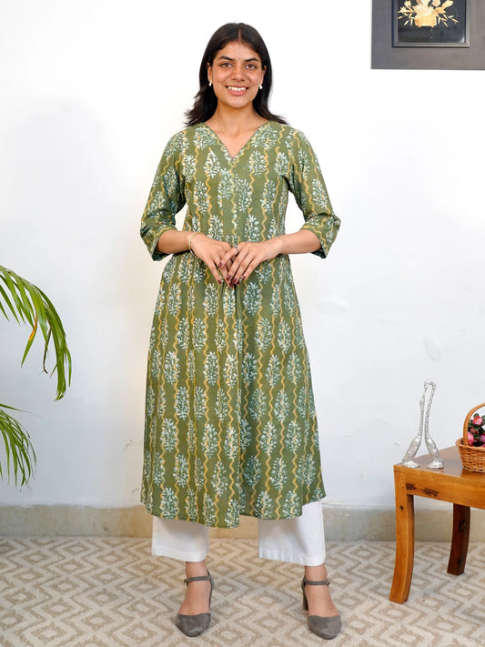 Golden Green Gathered COTTON  Kurta