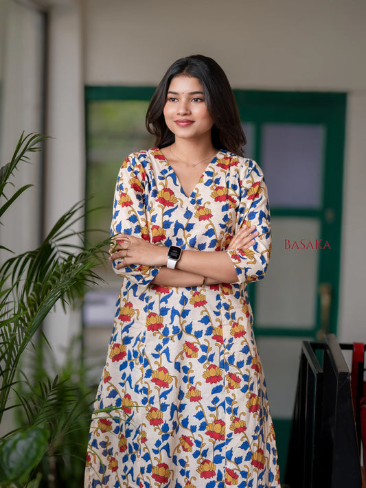 Golden Lotus Kalamkari Block Printed A-line COTTON Kurta