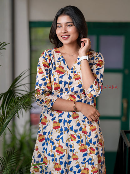 Golden Lotus Kalamkari Block Printed A-line COTTON Kurta
