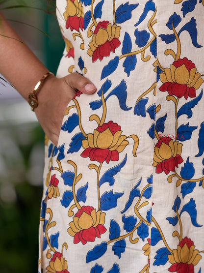 Golden Lotus Kalamkari Block Printed A-line COTTON Kurta