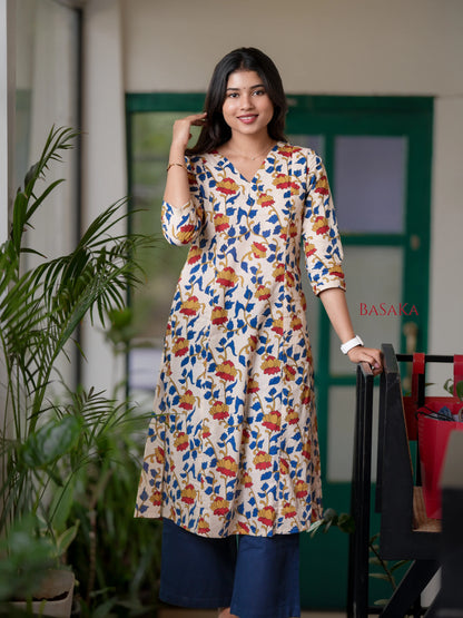 Golden Lotus Kalamkari Block Printed A-line COTTON Kurta