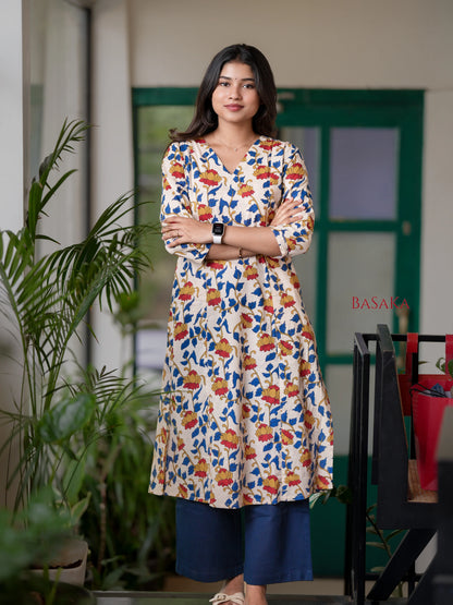 Golden Lotus Kalamkari Block Printed A-line COTTON Kurta