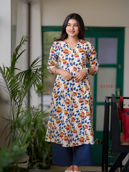 Golden Lotus Kalamkari Block Printed A-line COTTON Kurta