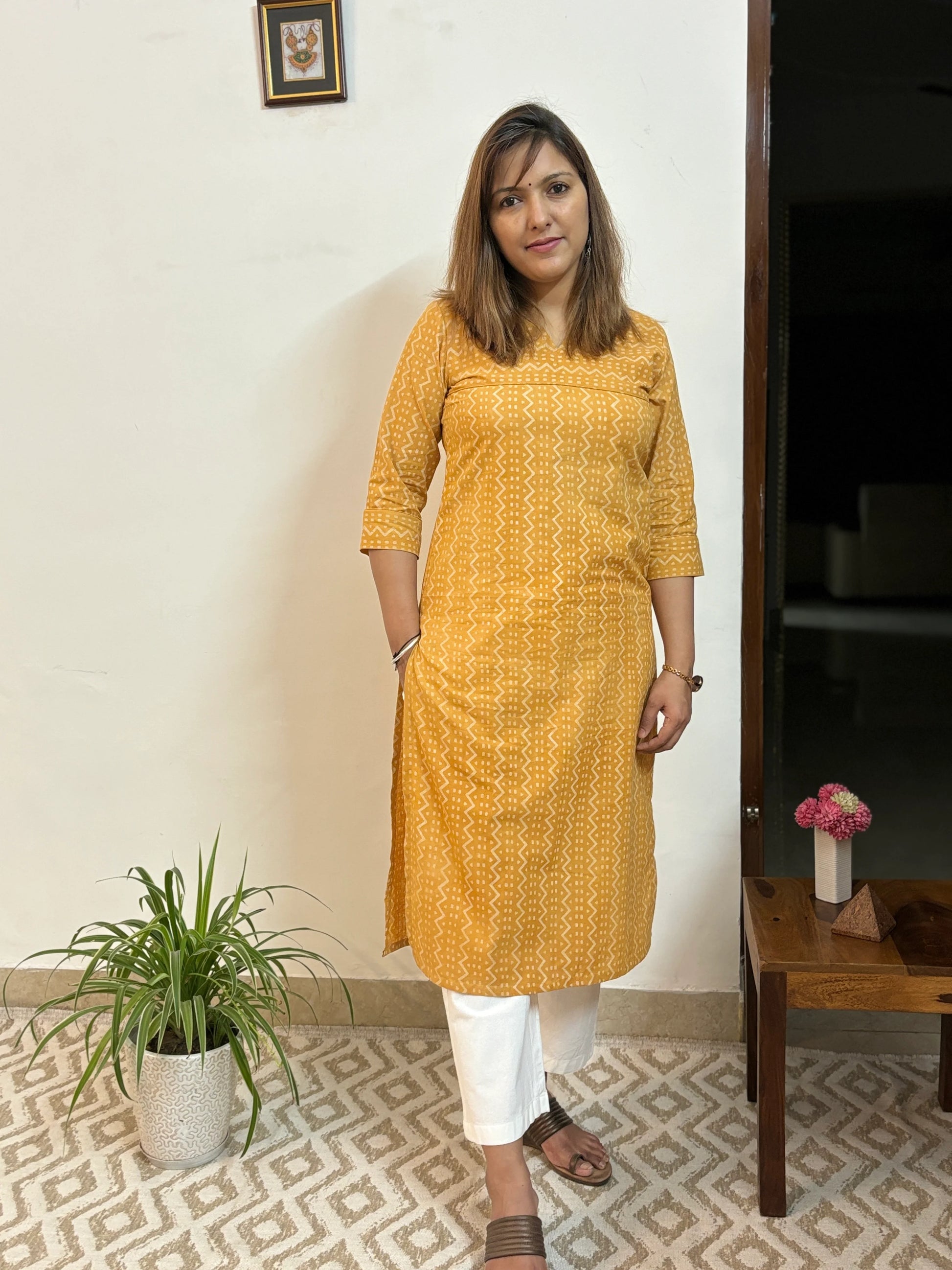 Goldenrod Yellow Hand Block Printed ZigZag Kurta