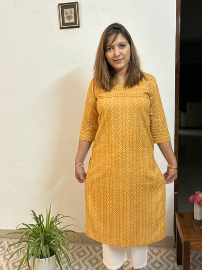 Goldenrod Yellow Hand Block Printed ZigZag Kurta