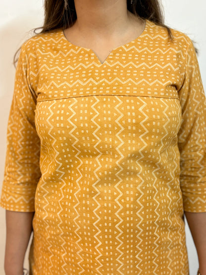 Goldenrod Yellow Hand Block Printed ZigZag Kurta