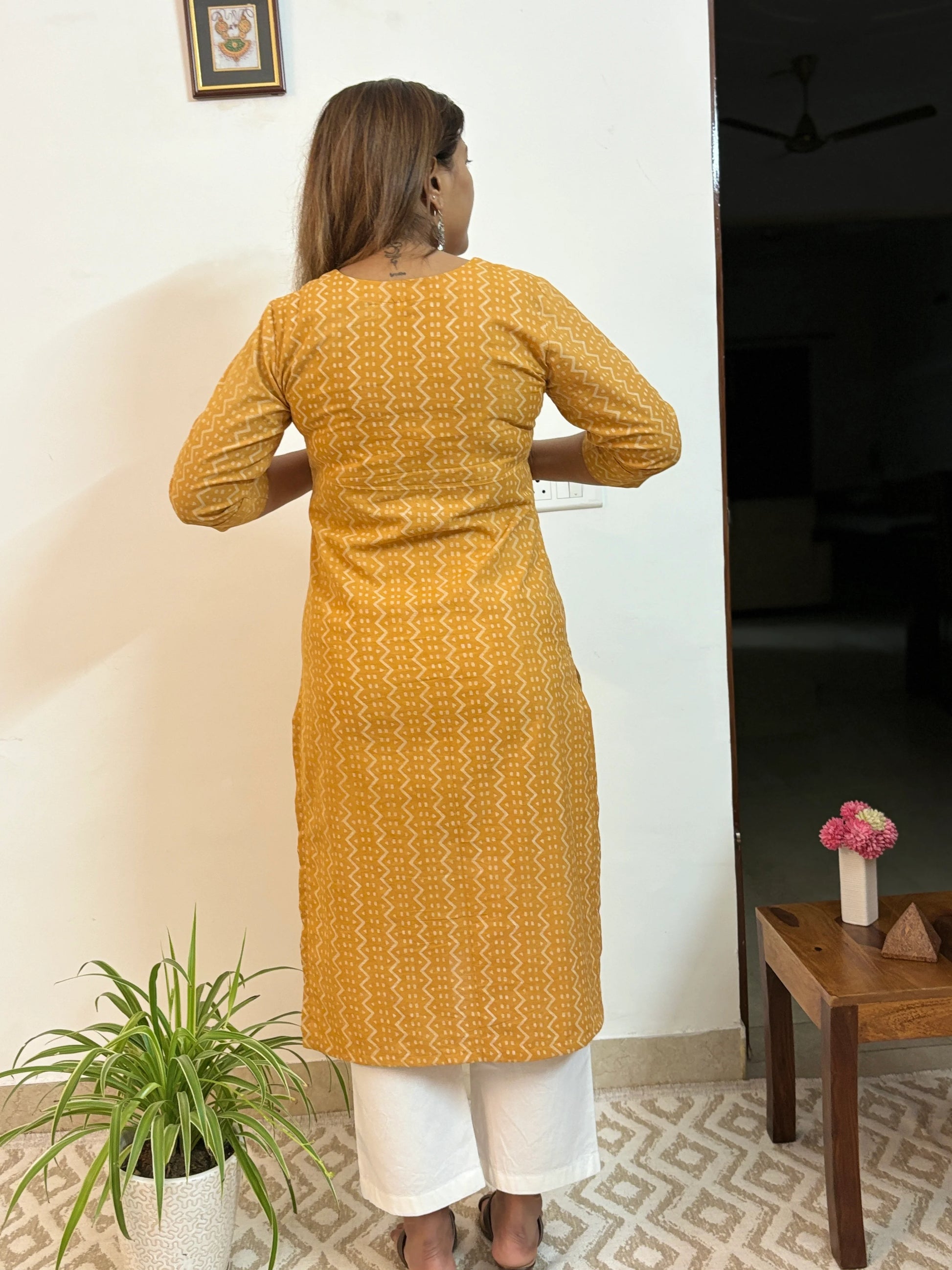 Goldenrod Yellow Hand Block Printed ZigZag Kurta