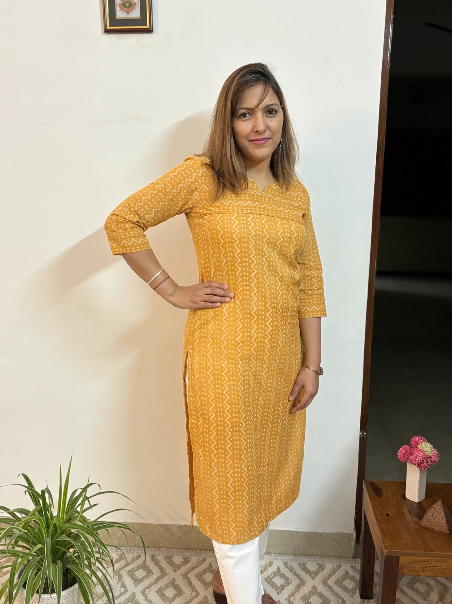 Goldenrod Yellow Hand Block Printed ZigZag Kurta