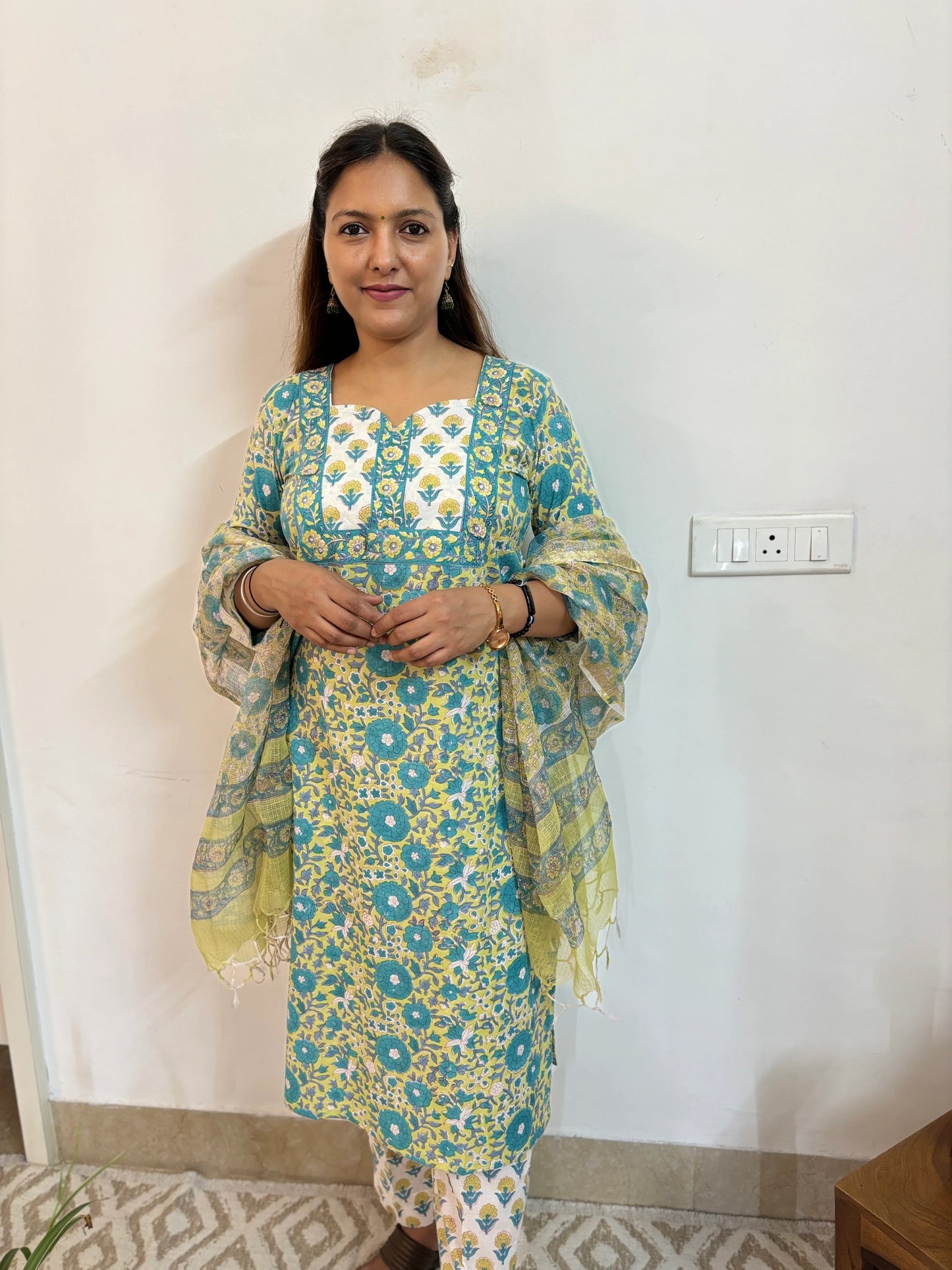 GreenYellow Turquoise Floral Cotton Suit Set