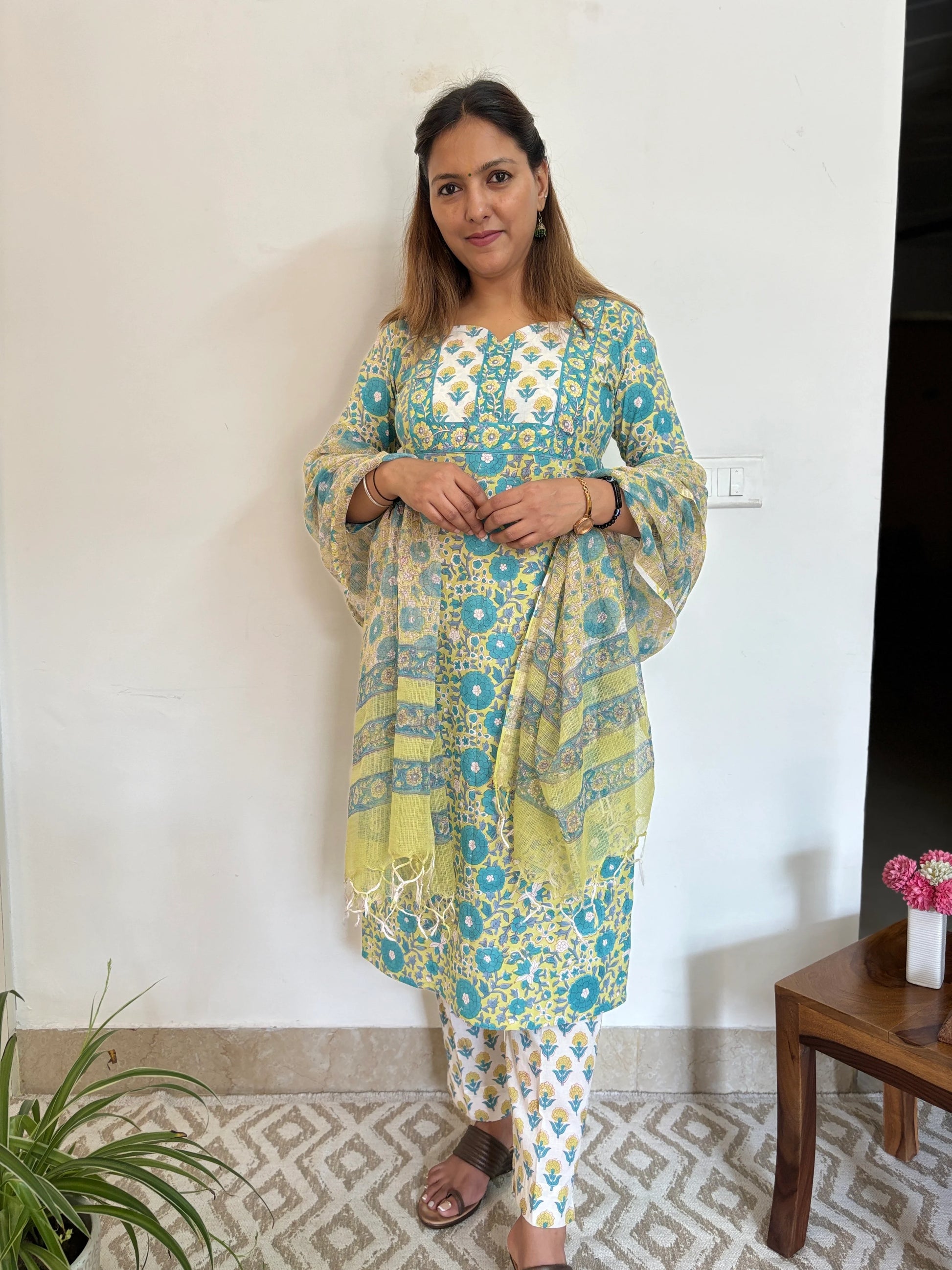 GreenYellow Turquoise Floral Cotton Suit Set