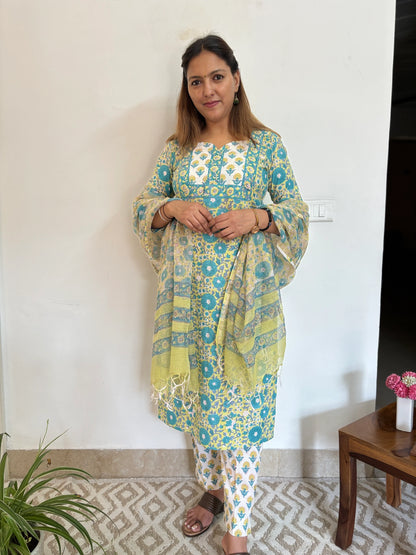 GreenYellow Turquoise Floral Cotton Suit Set