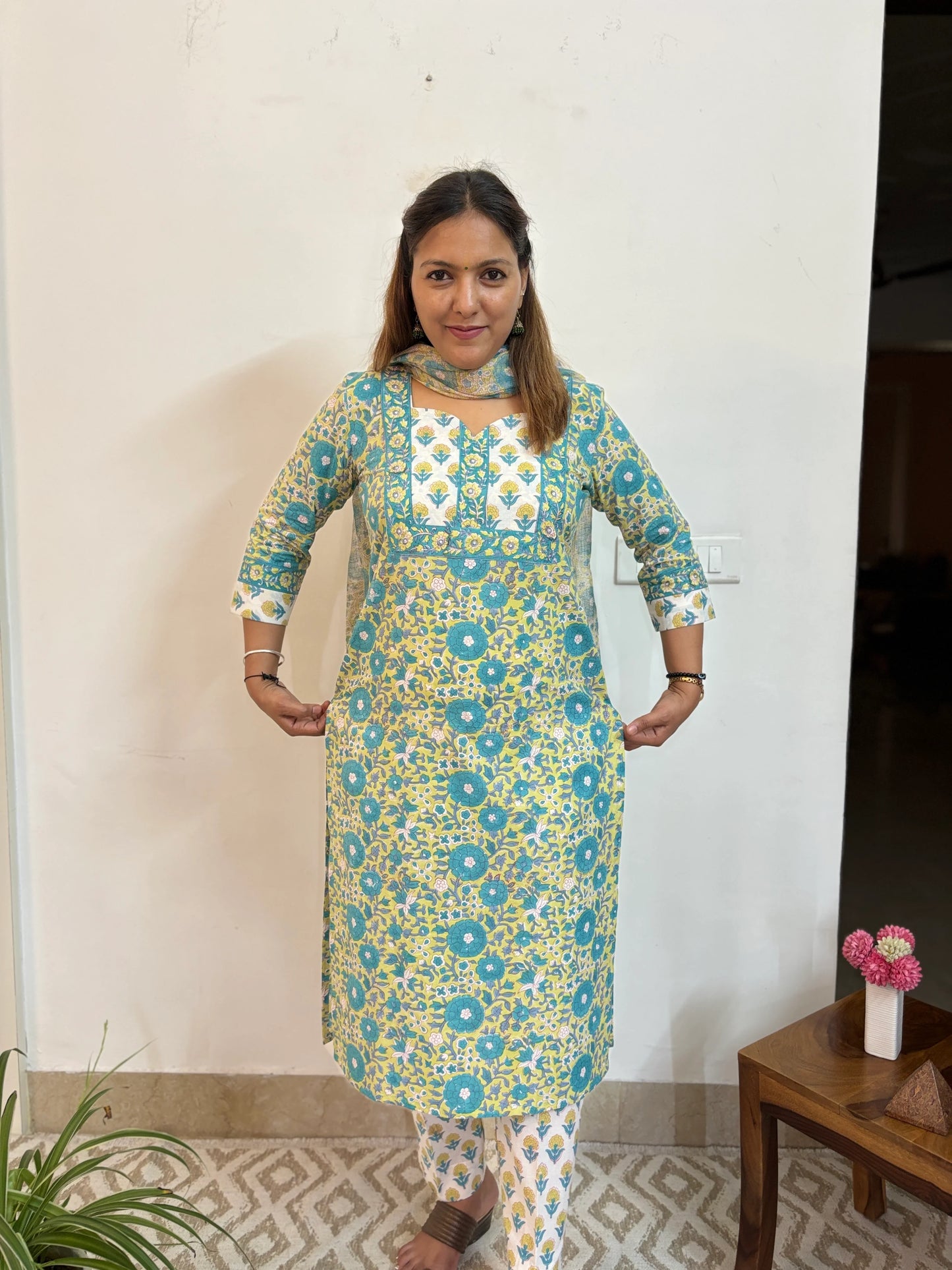 GreenYellow Turquoise Floral Cotton Suit Set