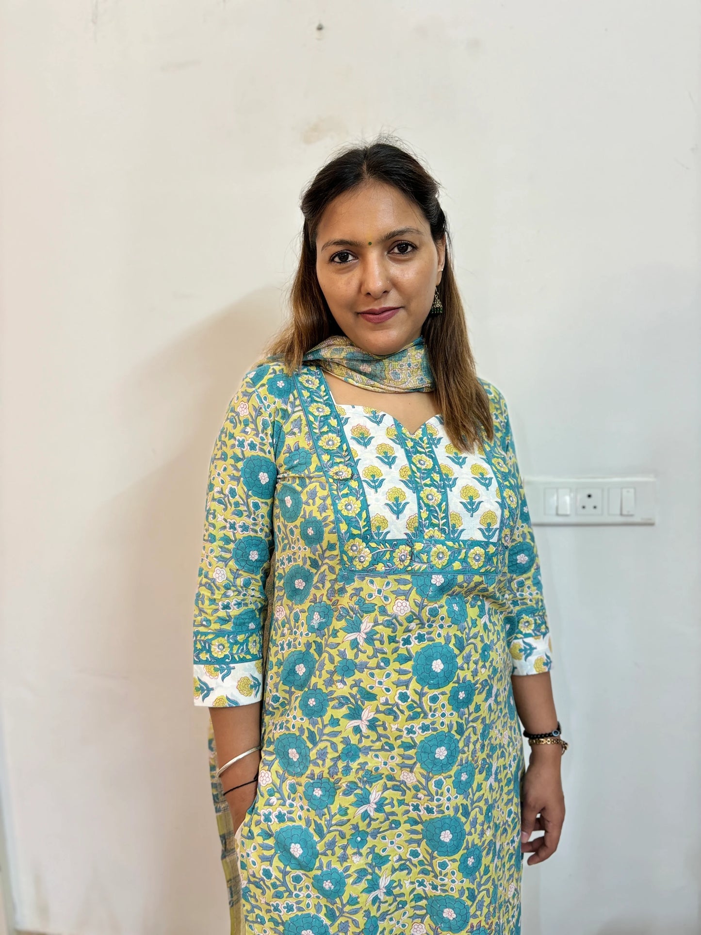 GreenYellow Turquoise Floral Cotton Suit Set