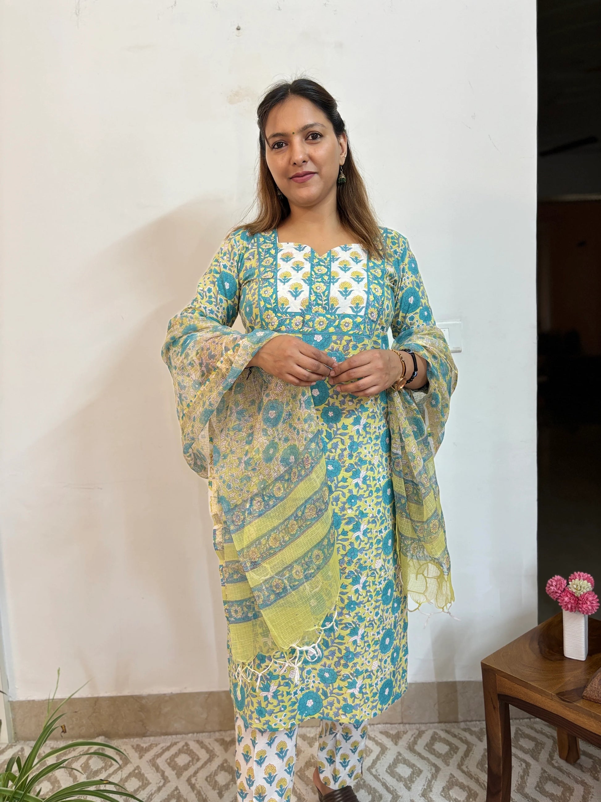 GreenYellow Turquoise Floral Cotton Suit Set