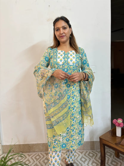 GreenYellow Turquoise Floral Cotton Suit Set