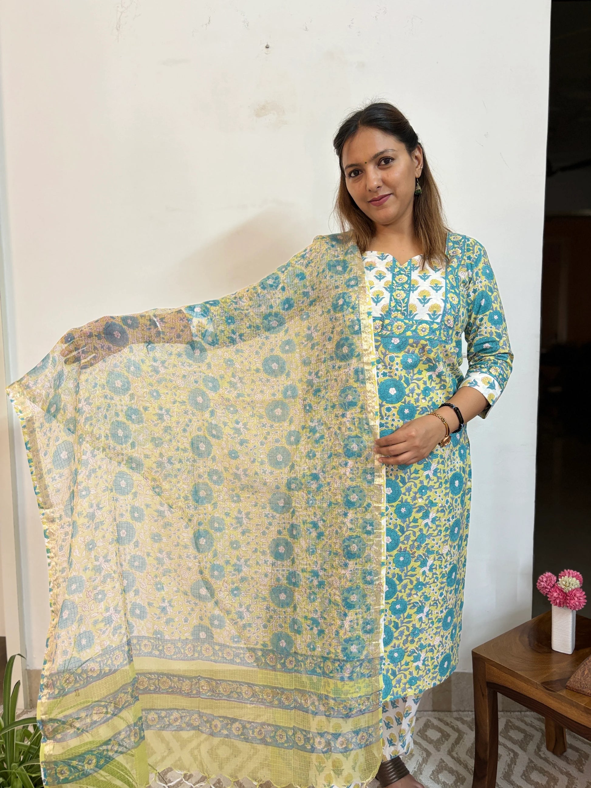 GreenYellow Turquoise Floral Cotton Suit Set