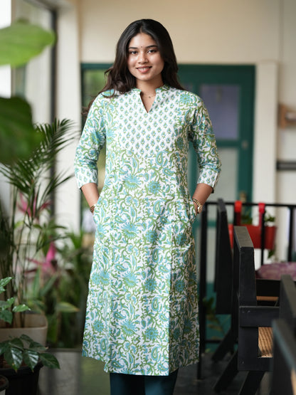 Green n Blue Floral A-Line Block Printed COTTON Kurta