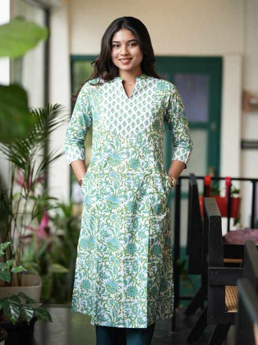 Green n Blue Floral A-Line Block Printed COTTON Kurta