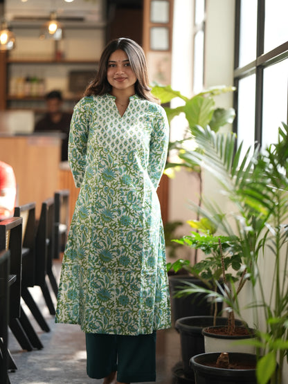 Green n Blue Floral A-Line Block Printed COTTON Kurta