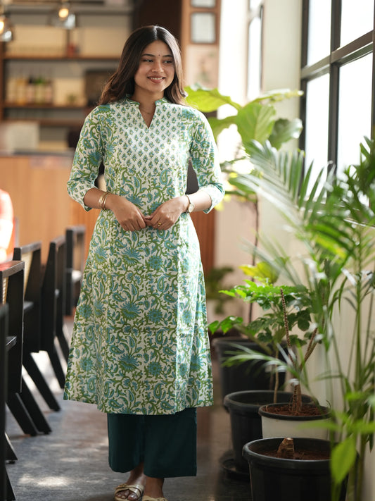 Green n Blue Floral A-Line Block Printed COTTON Kurta