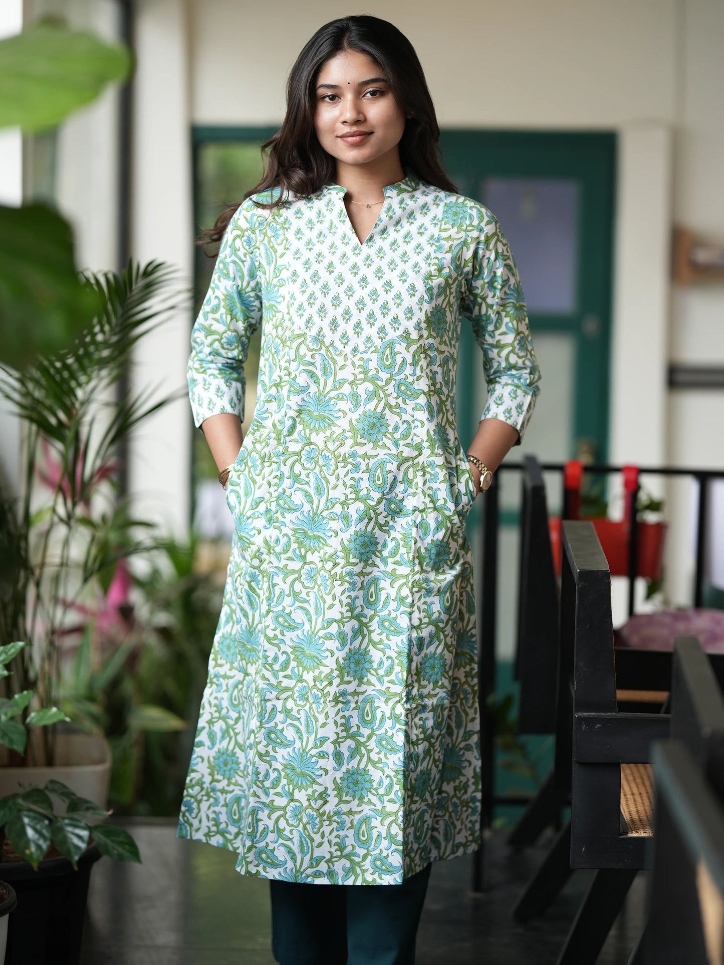 Green n Blue Floral A-Line Block Printed COTTON Kurta