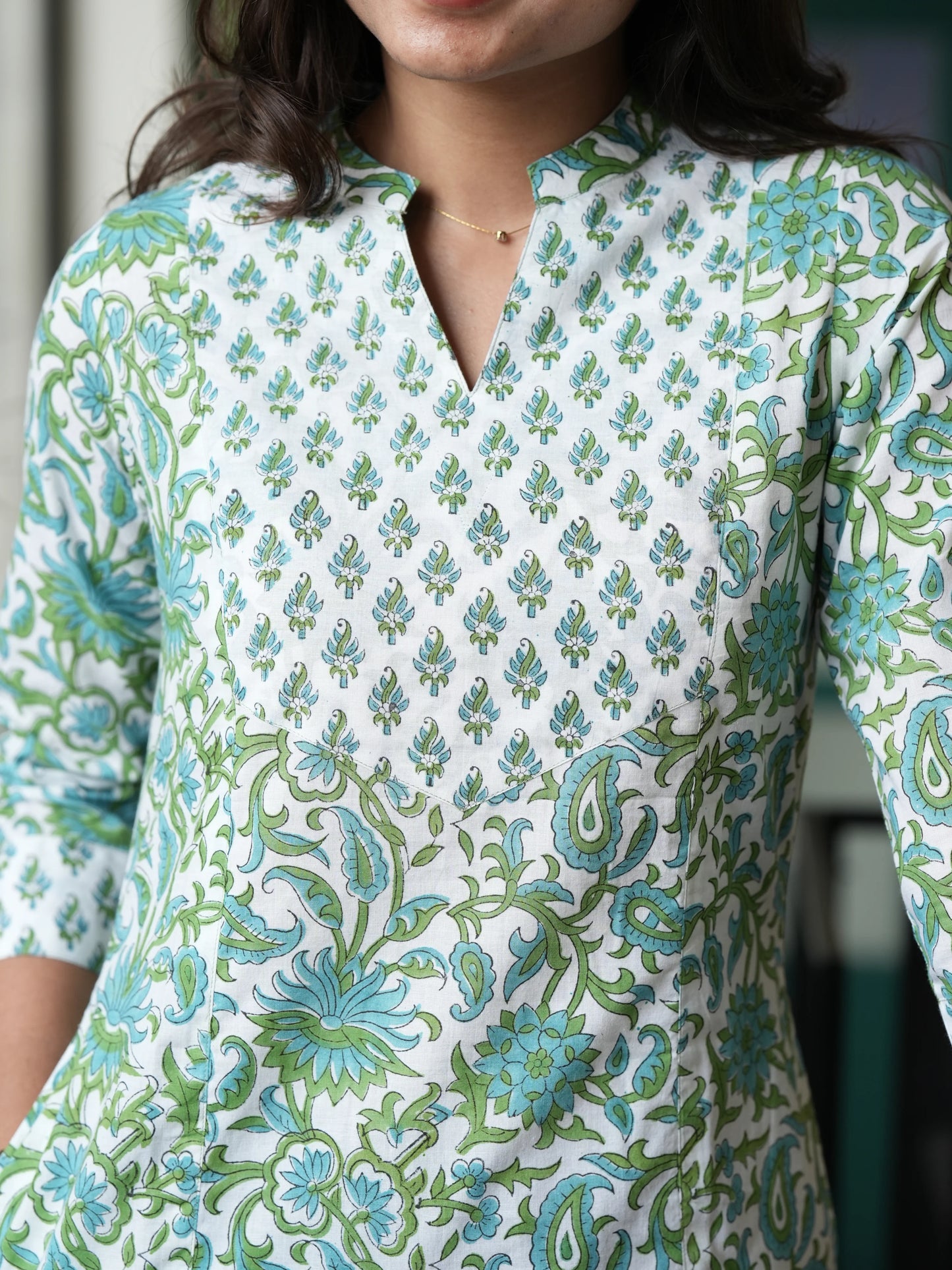 Green n Blue Floral A-Line Block Printed COTTON Kurta