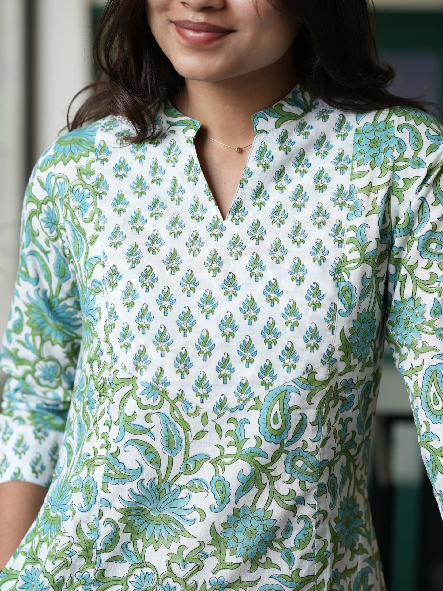 Green n Blue Floral A-Line Block Printed COTTON Kurta