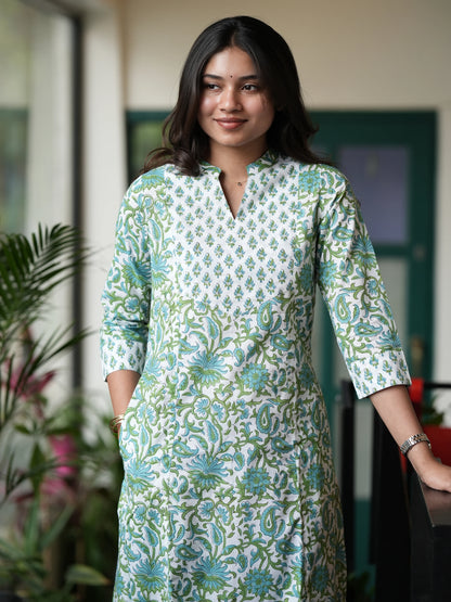 Green n Blue Floral A-Line Block Printed COTTON Kurta