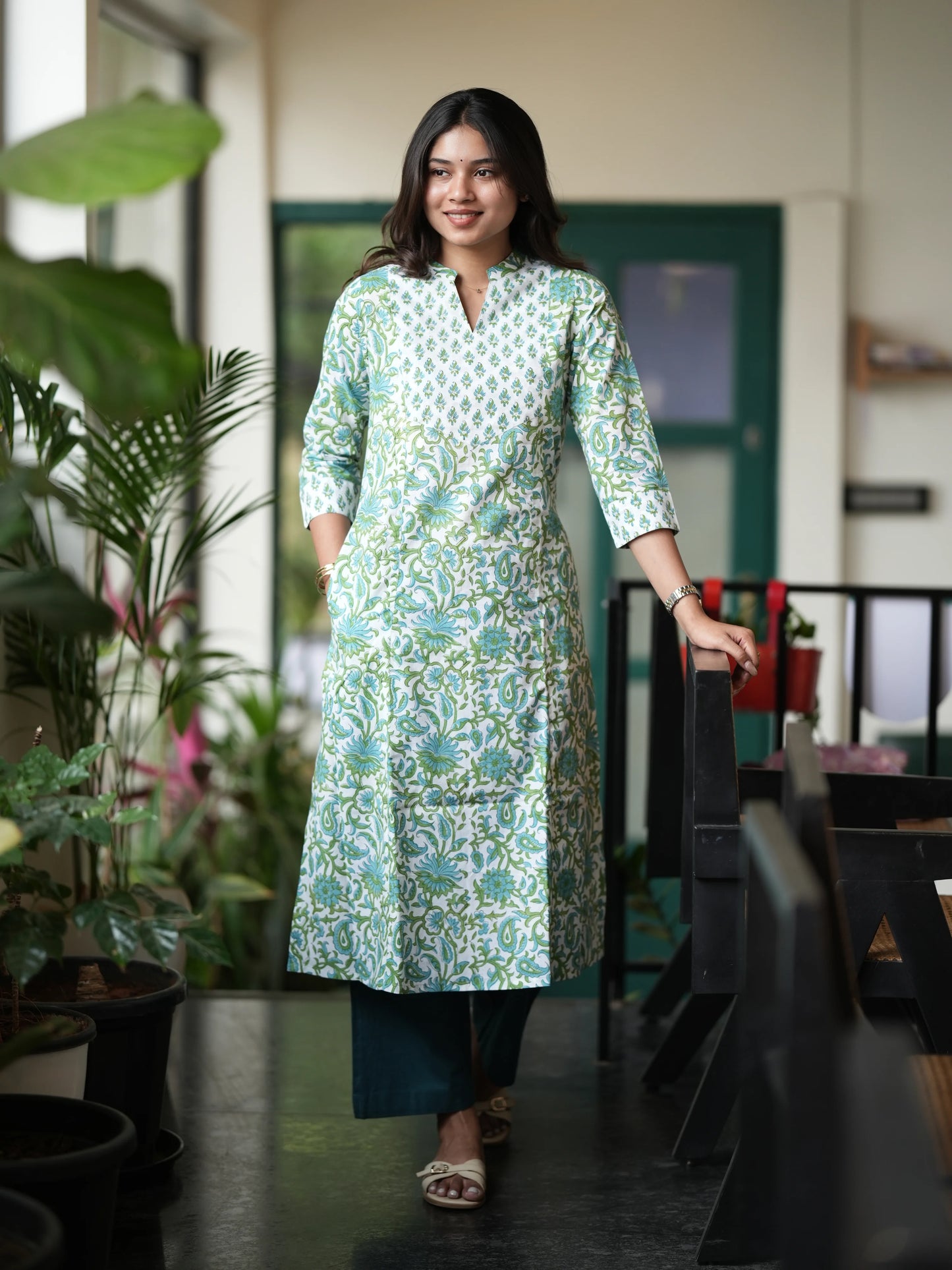 Green n Blue Floral A-Line Block Printed COTTON Kurta