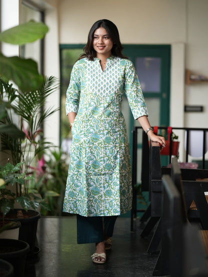 Green n Blue Floral A-Line Block Printed COTTON Kurta