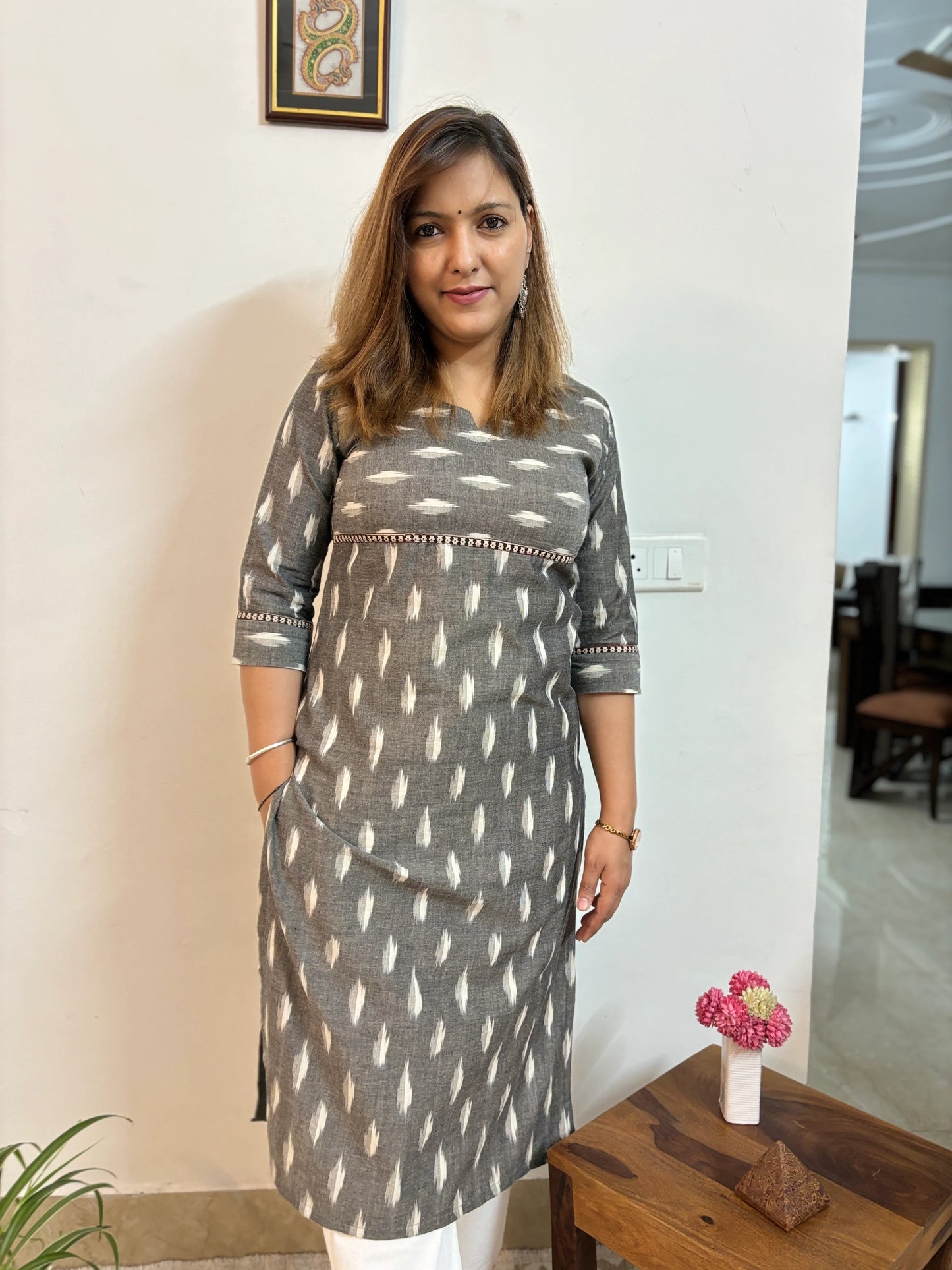 Grey Ikkat Handloom Cotton Kurta