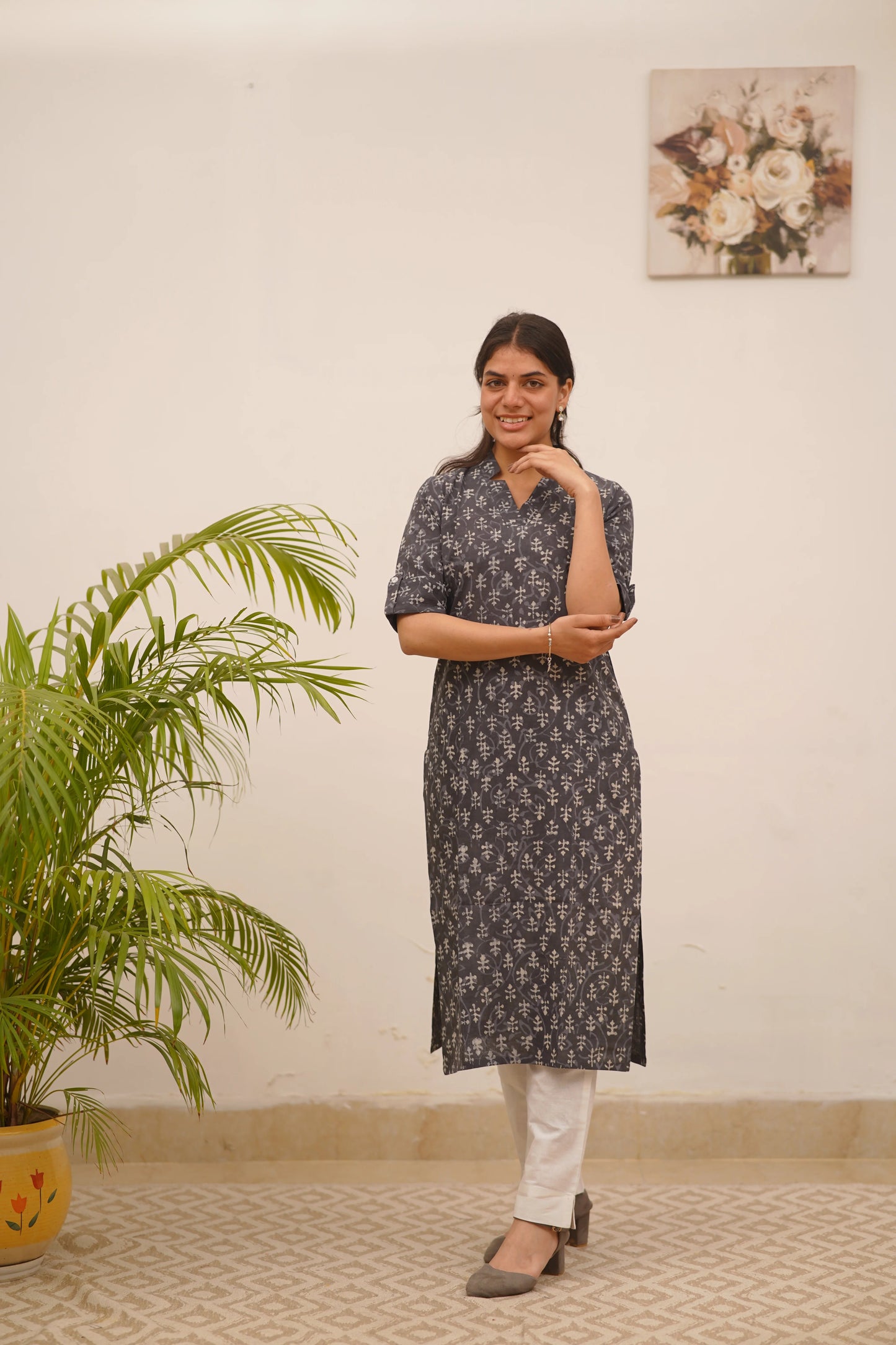 Grey Motif Block Printed COTTON Kurta