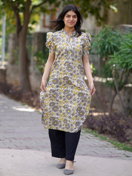 Grey Mustard Melody Block Printed COTTON Kurta