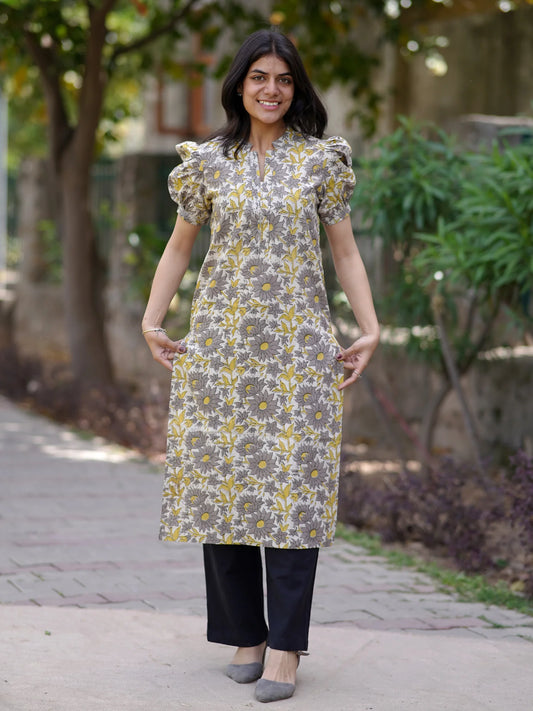 Grey Mustard Melody Block Printed COTTON Kurta