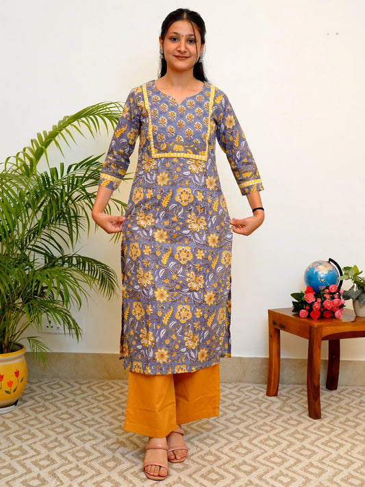 Grey and Yellow COTTON Yoke Kurta