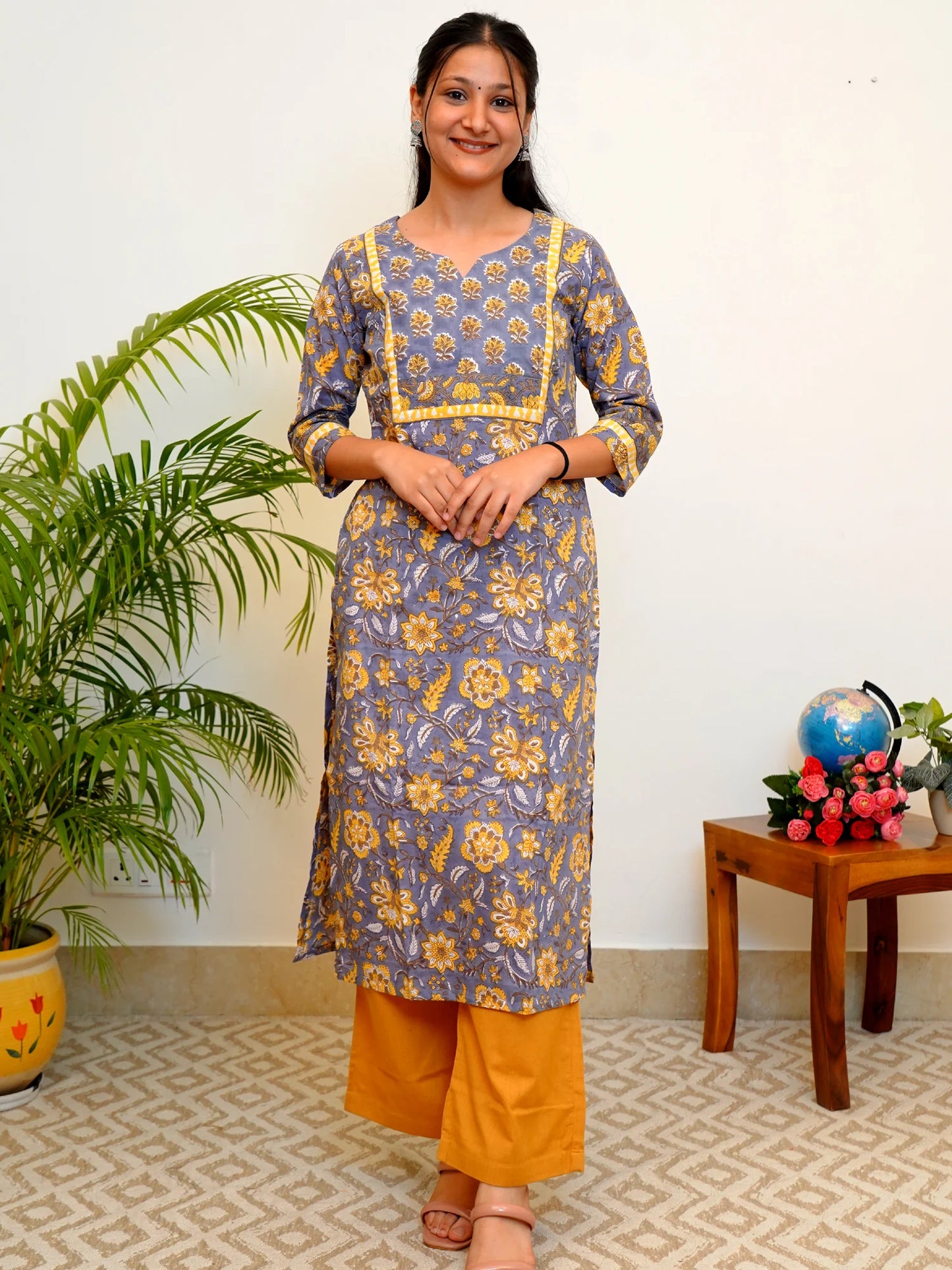 Grey and Yellow COTTON Yoke Kurta